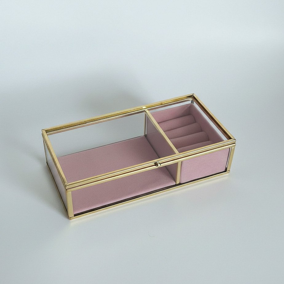Minimalist Crystal-Clear Glass Jewelry Box - Elegant Gold-Plated Metal Frame - Image 2