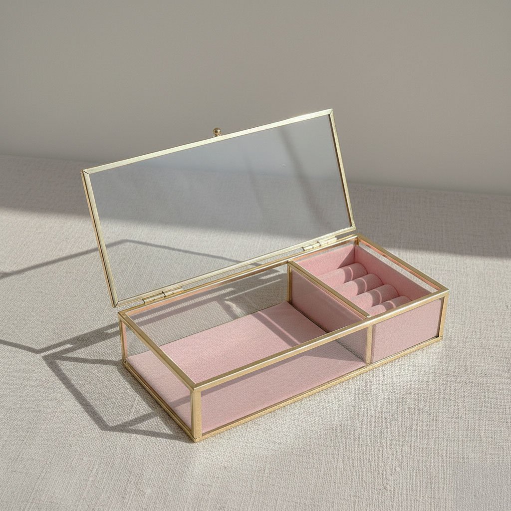 Minimalist Crystal-Clear Glass Jewelry Box - Elegant Gold-Plated Metal Frame - Image 7