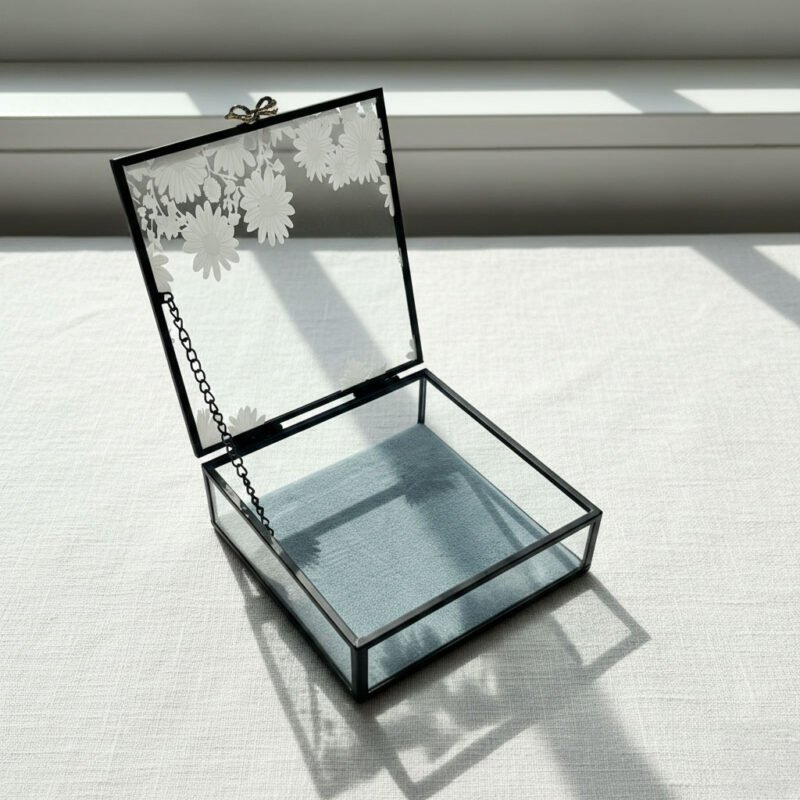 Midnight Daisy Artisan Glass Jewelry Box - Black Electroplated Frame with Butterfly Clasp