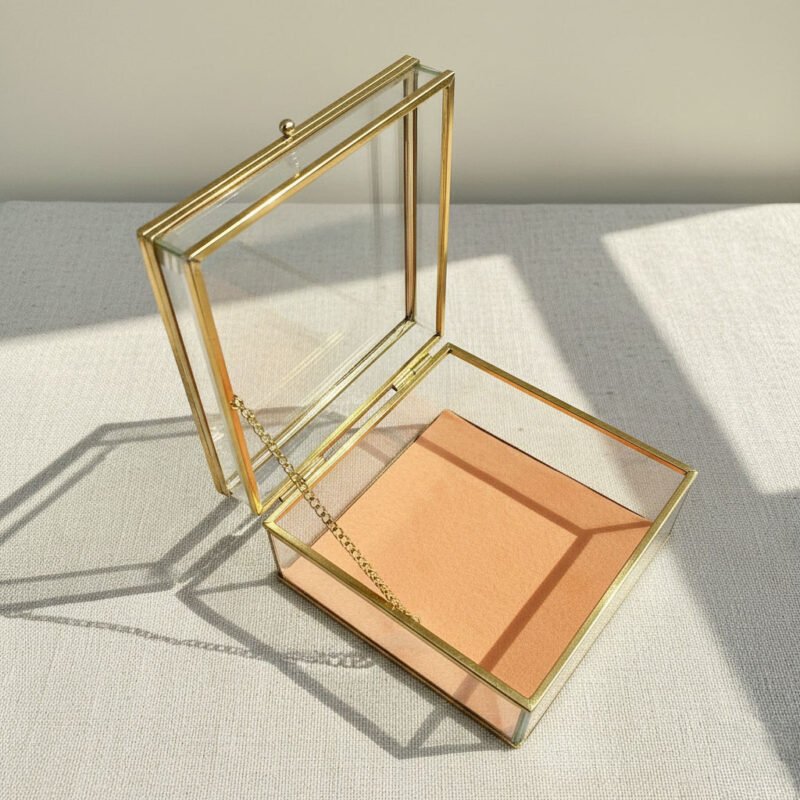 Elegant Two-Tier Clear Glass Jewelry Box with Vibrant Orange Flannel Lining