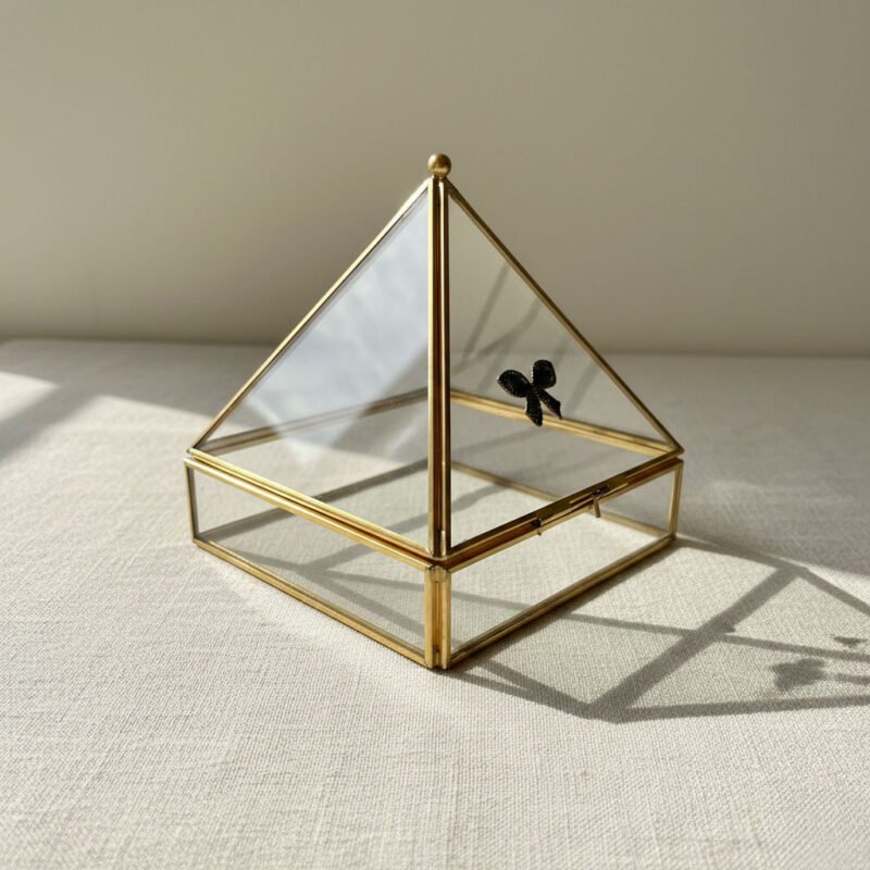 Geometric Artisan Glass Pyramid Jewelry Box - Vintage Brass Frame