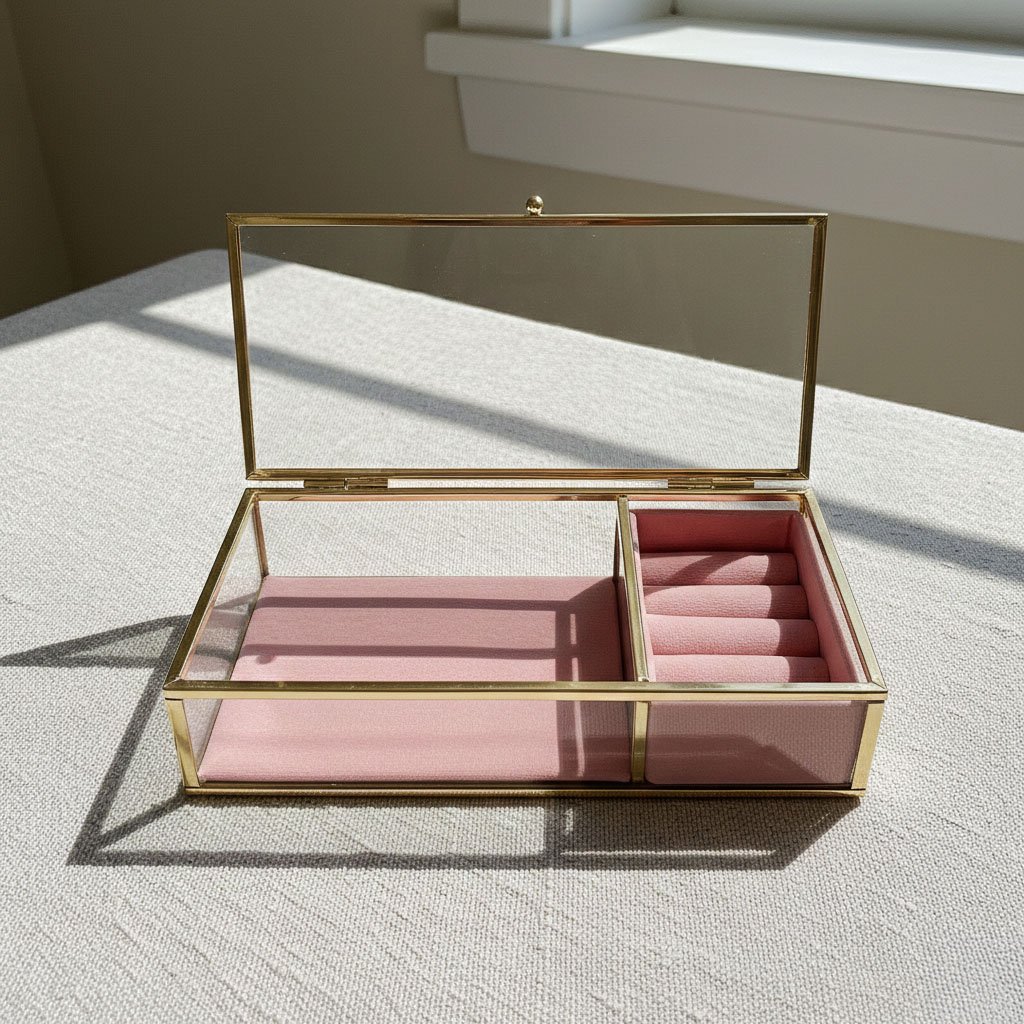 Minimalist Crystal-Clear Glass Jewelry Box - Elegant Gold-Plated Metal Frame