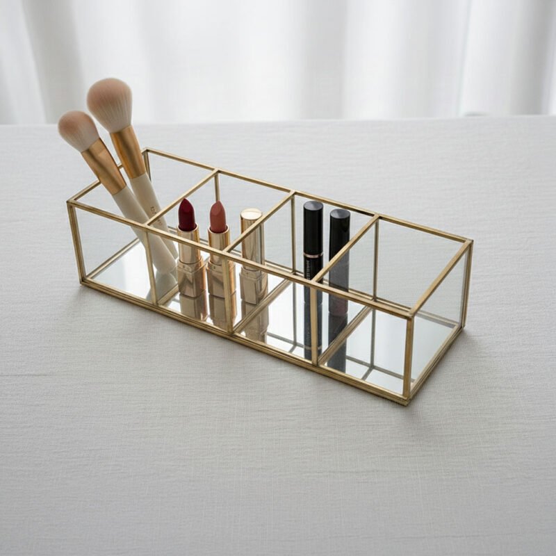 4-Compartment Clear Glass Organizer Tray - Brass Framed Makeup Brush Holder