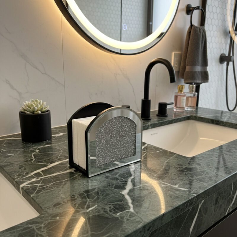 Modern Mirrored Glass Napkin Holder with Crushed Diamond Inlay | Luxury Tissue Stand (Square, House, & Arch Styles)