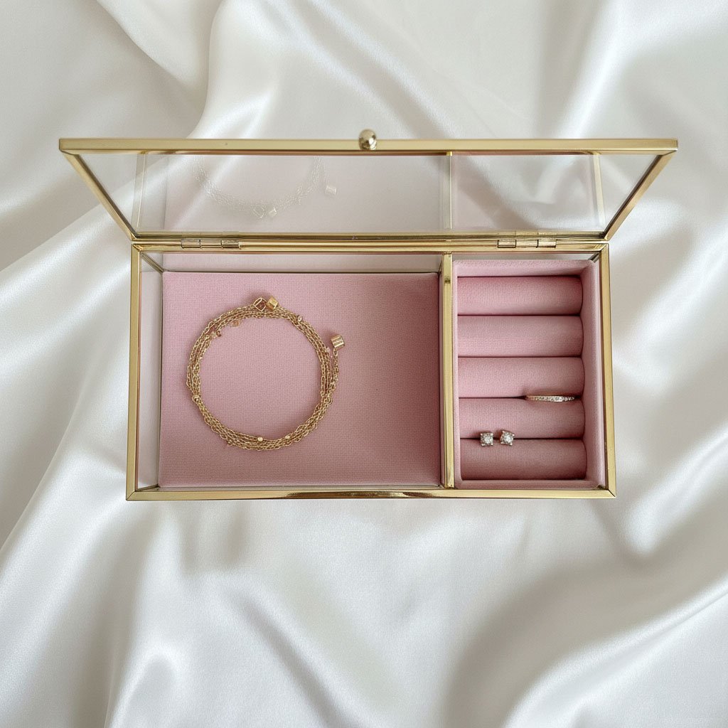 Minimalist Crystal-Clear Glass Jewelry Box - Elegant Gold-Plated Metal Frame - Image 5
