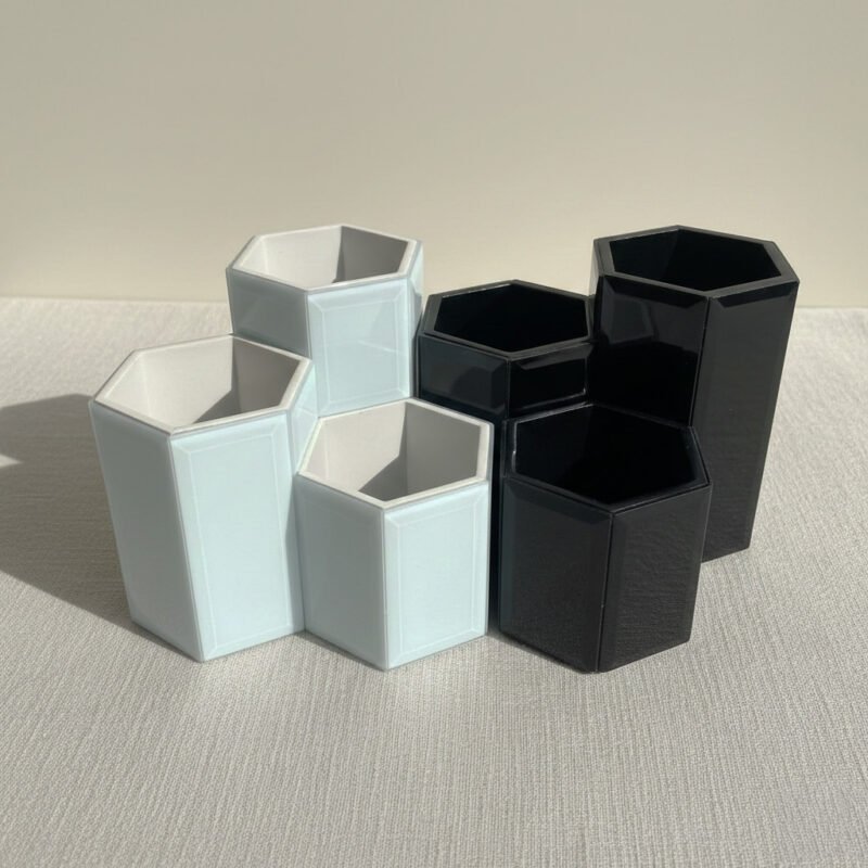 Nordic Geometric Hexagonal Glass & Wood Modular Organizer Set (Black/White)