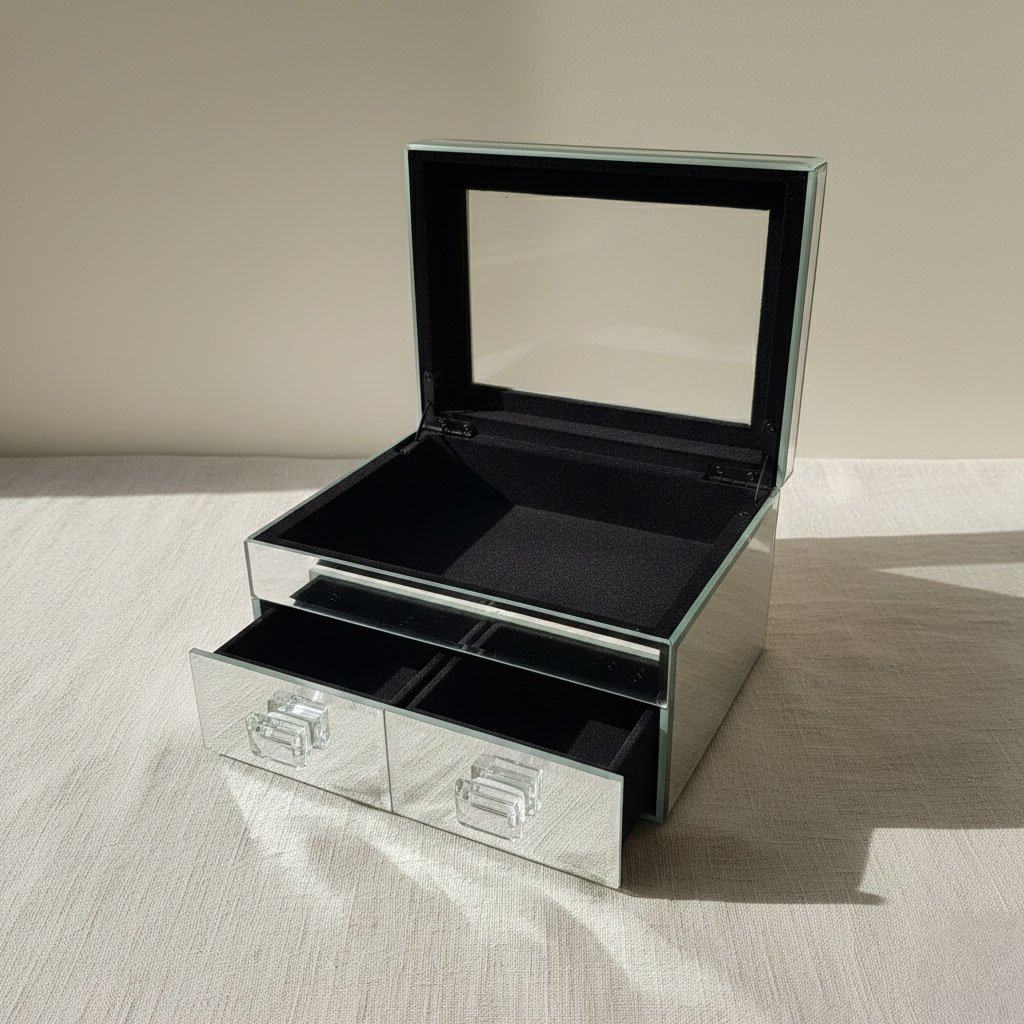 Contemporary Mirrored Glass Jewelry Chest - Two-Tier Organizer - Image 3
