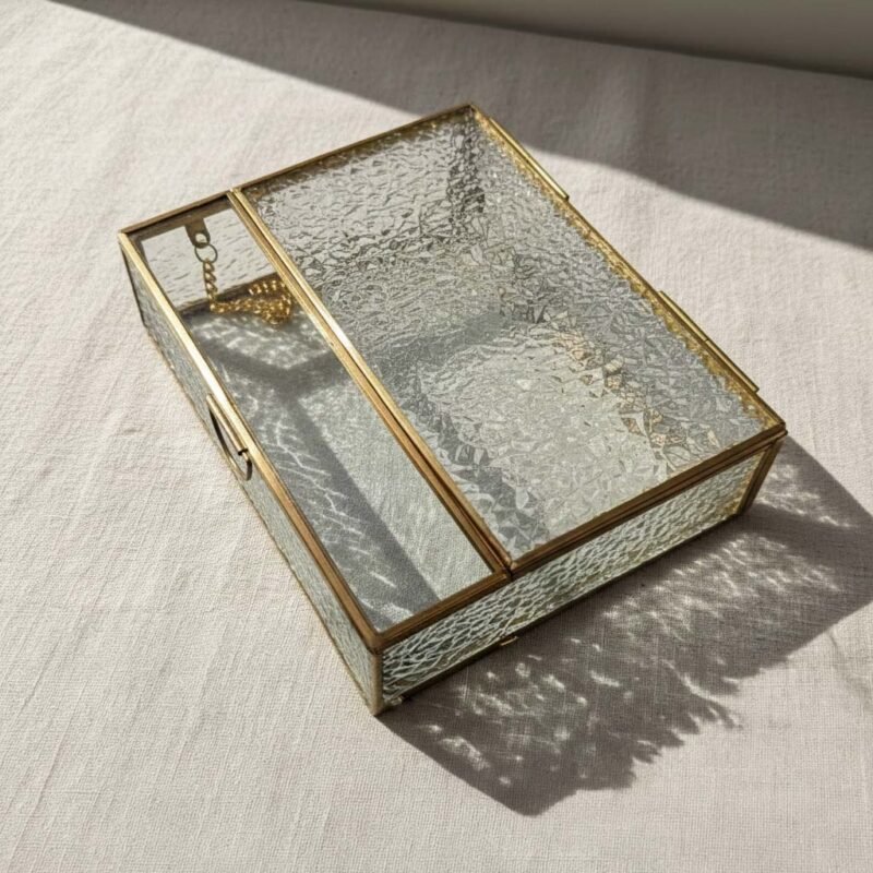 Vintage Brass Artisan Jewelry Box - Dual-Texture Semi-Transparent Glass Lid