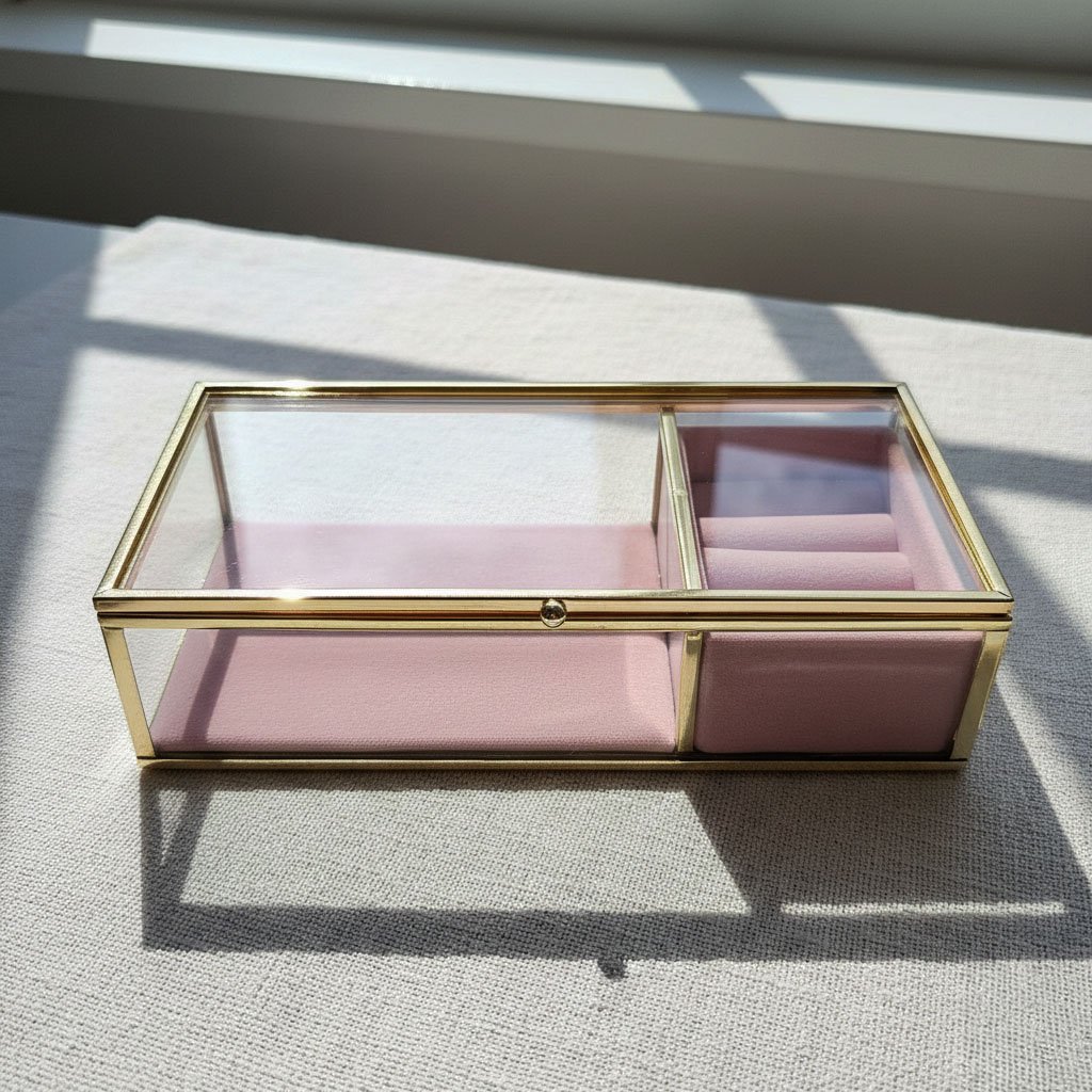 Minimalist Crystal-Clear Glass Jewelry Box - Elegant Gold-Plated Metal Frame - Image 4