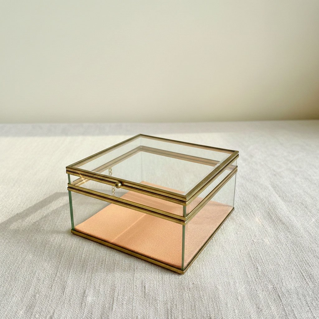 Elegant Two-Tier Clear Glass Jewelry Box with Vibrant Orange Flannel Lining - Image 2