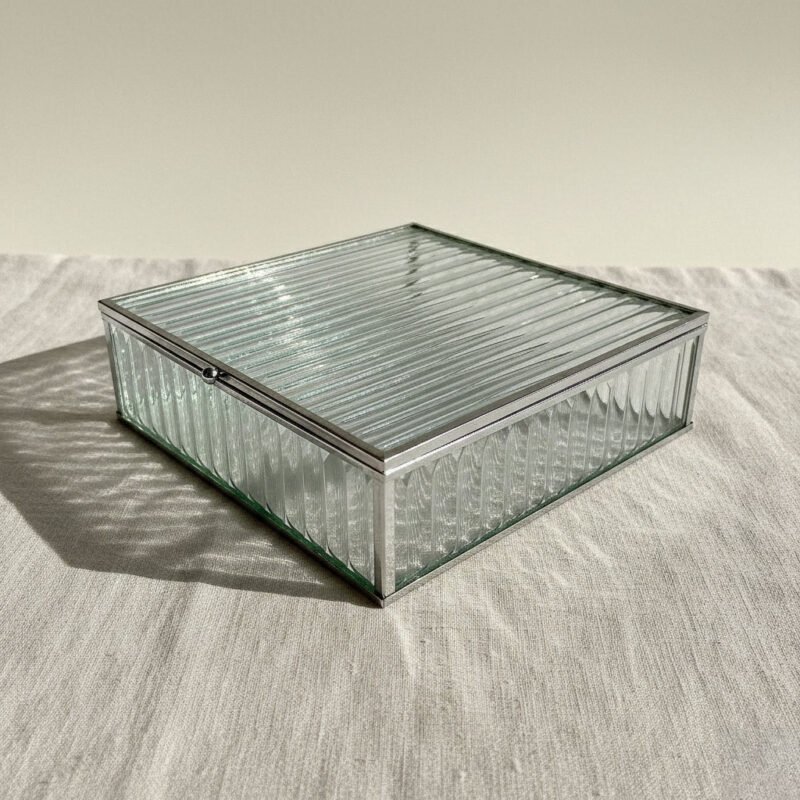 Art Deco Fluted Glass Jewelry Box - Silver Electroplated Metal Frame