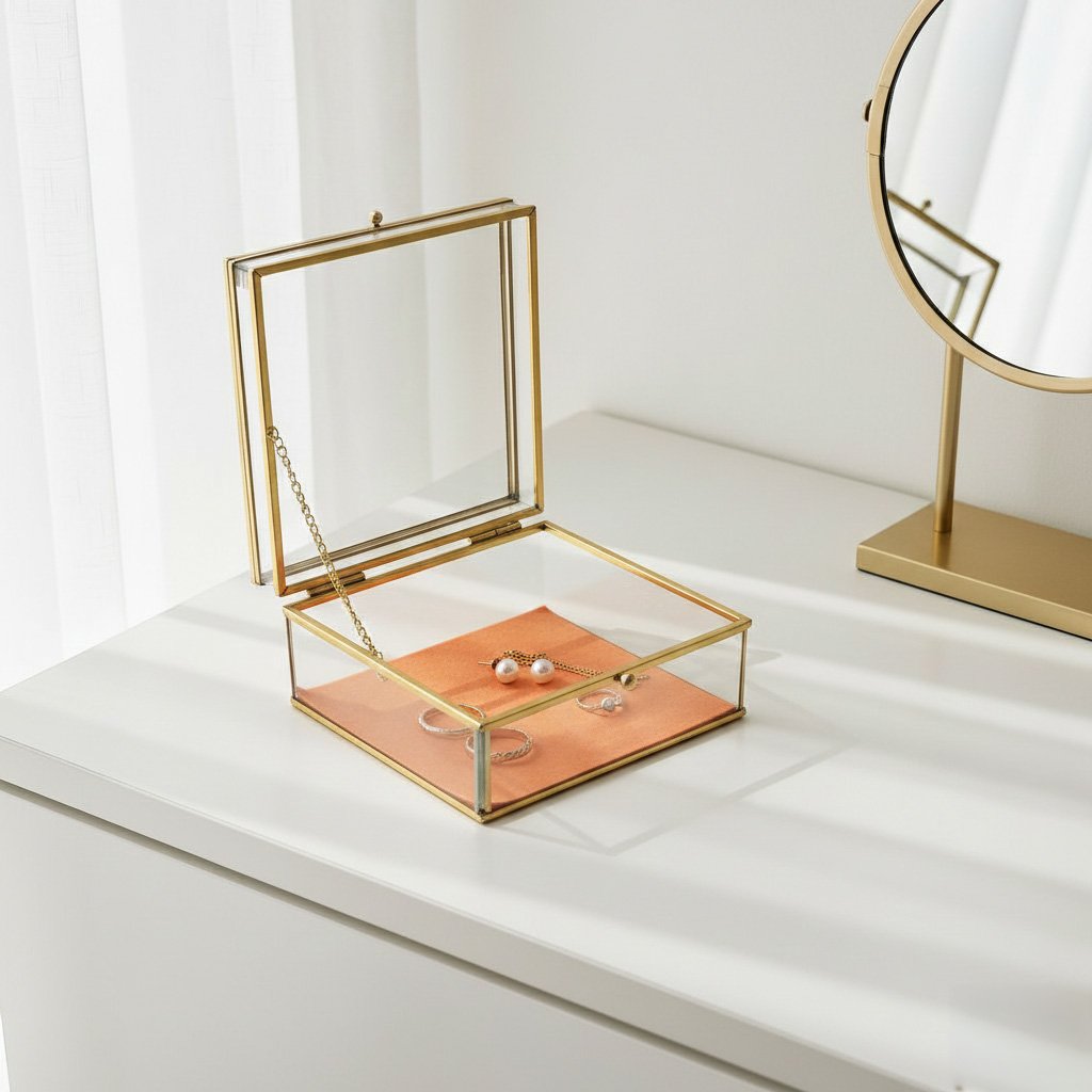 Elegant Two-Tier Clear Glass Jewelry Box with Vibrant Orange Flannel Lining - Image 4