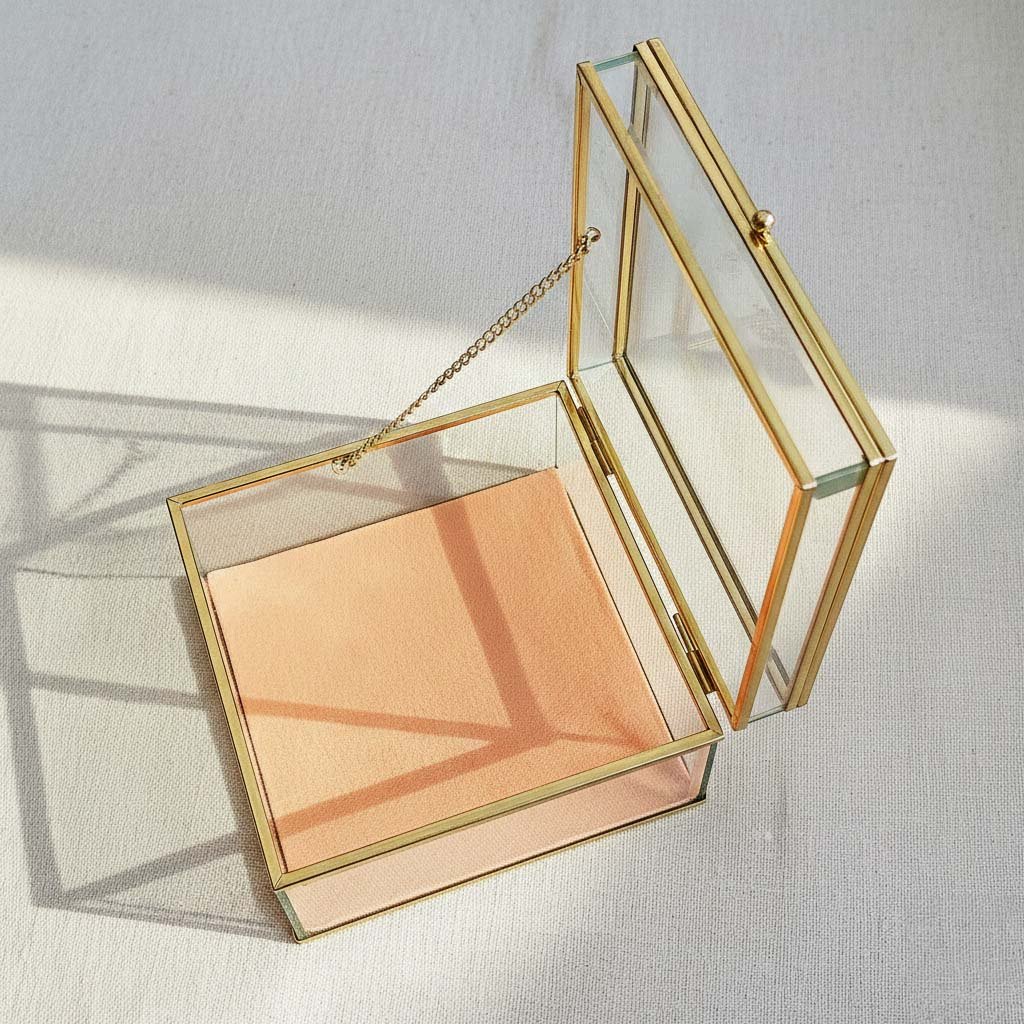 Elegant Two-Tier Clear Glass Jewelry Box with Vibrant Orange Flannel Lining - Image 3