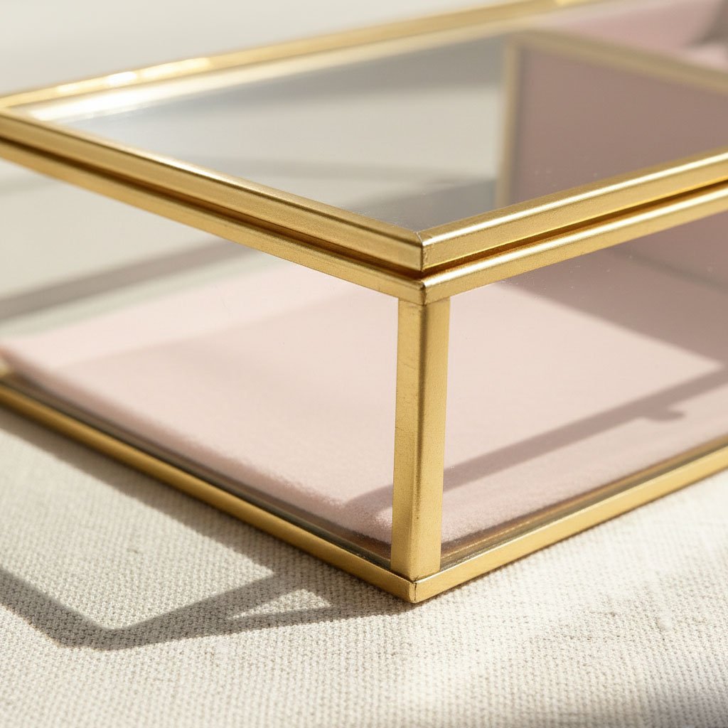 Minimalist Crystal-Clear Glass Jewelry Box - Elegant Gold-Plated Metal Frame - Image 3